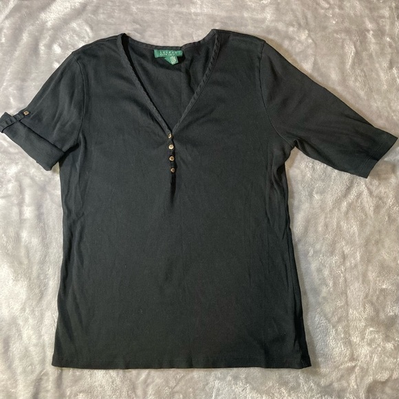 Lauren Ralph Lauren Black Ribbed Short Sleeve Roll Up Snap Button VNeck Shirt XL - Picture 1 of 8